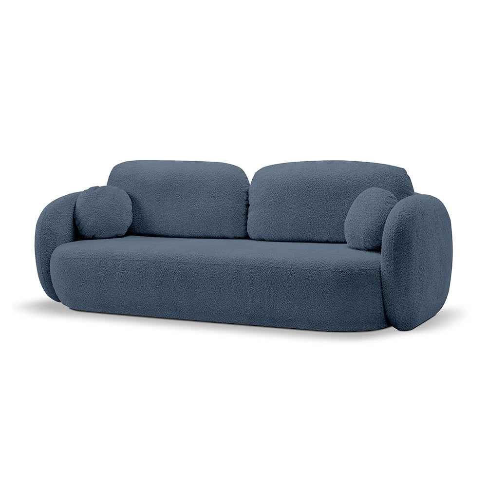 Sofa z funkcją spania 142x200 w stylu nowoczesnym – Abriamo, zaoblona forma, pojemnik | OLEMO Kobaltowy Cień (ABRIAMO 14)