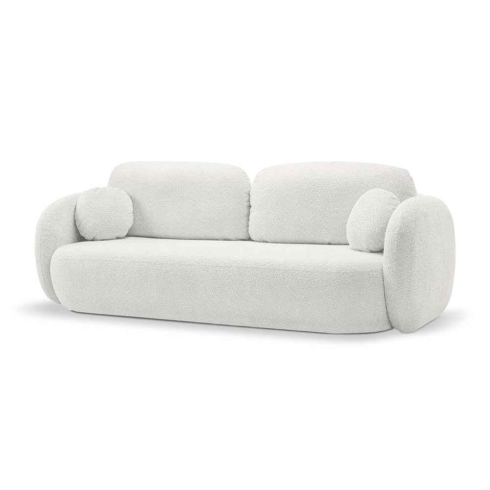 Sofa z funkcją spania 142x200 w stylu nowoczesnym – Abriamo, zaoblona forma, pojemnik | OLEMO Poranna Biel (ABRIAMO 04)