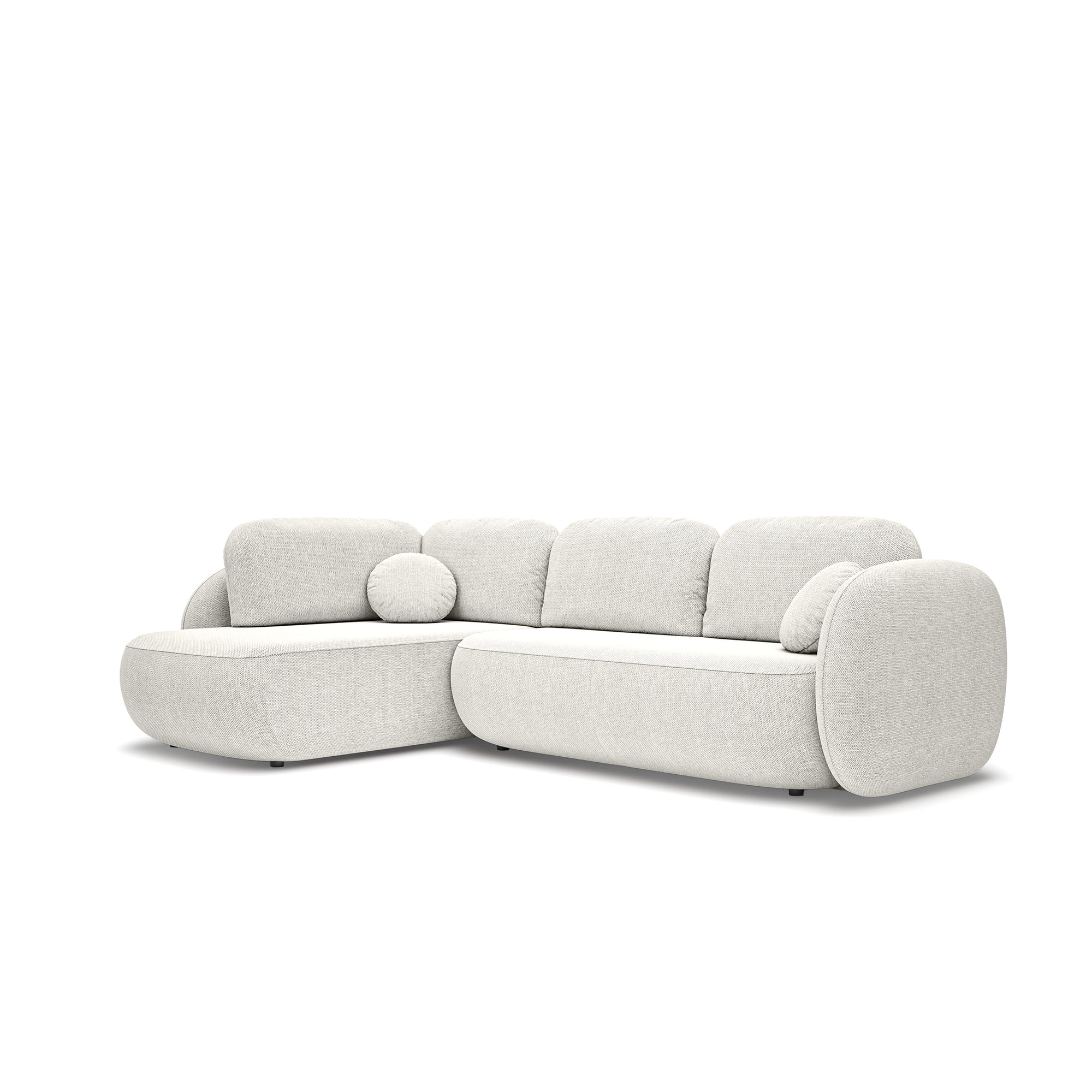 Narożnik z funkcją spania o powierzchni 123x250 w stylu organic modern - tkanina Aragon, zaokrąglona forma, dekoracyjne poduszki | OLEMO Lewostronny Porcelanowa Biel (ARAGON 01)