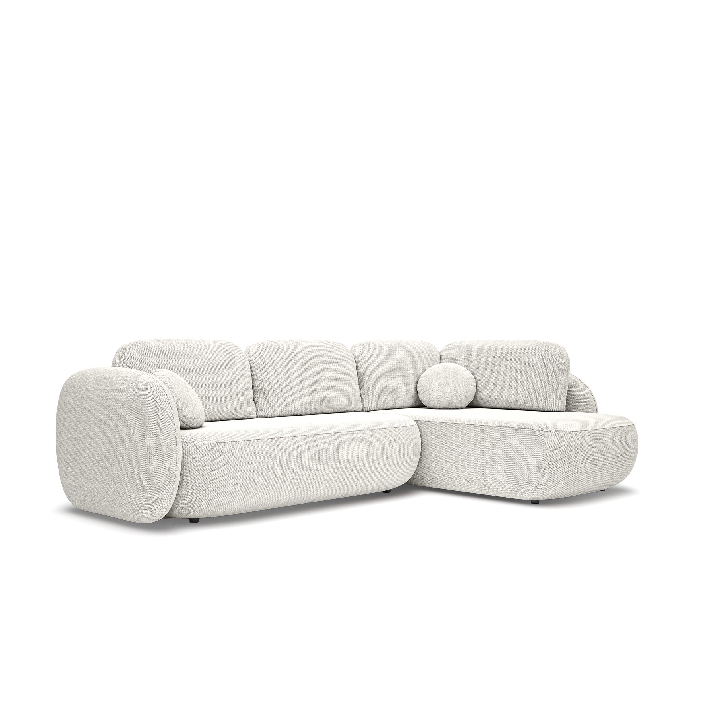 Narożnik z funkcją spania o powierzchni 123x250 w stylu organic modern - tkanina Aragon, zaokrąglona forma, dekoracyjne poduszki | OLEMO Prawostronny Porcelanowa Biel (ARAGON 01)