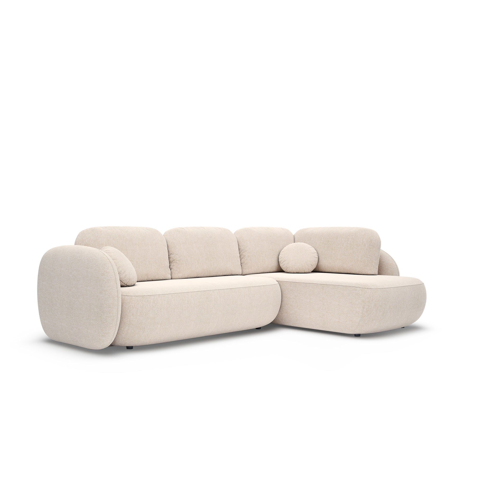 Narożnik z funkcją spania o powierzchni 123x250 w stylu organic modern - tkanina Aragon, zaokrąglona forma, dekoracyjne poduszki | OLEMO Prawostronny Kremowy Taupe (ARAGON 03)