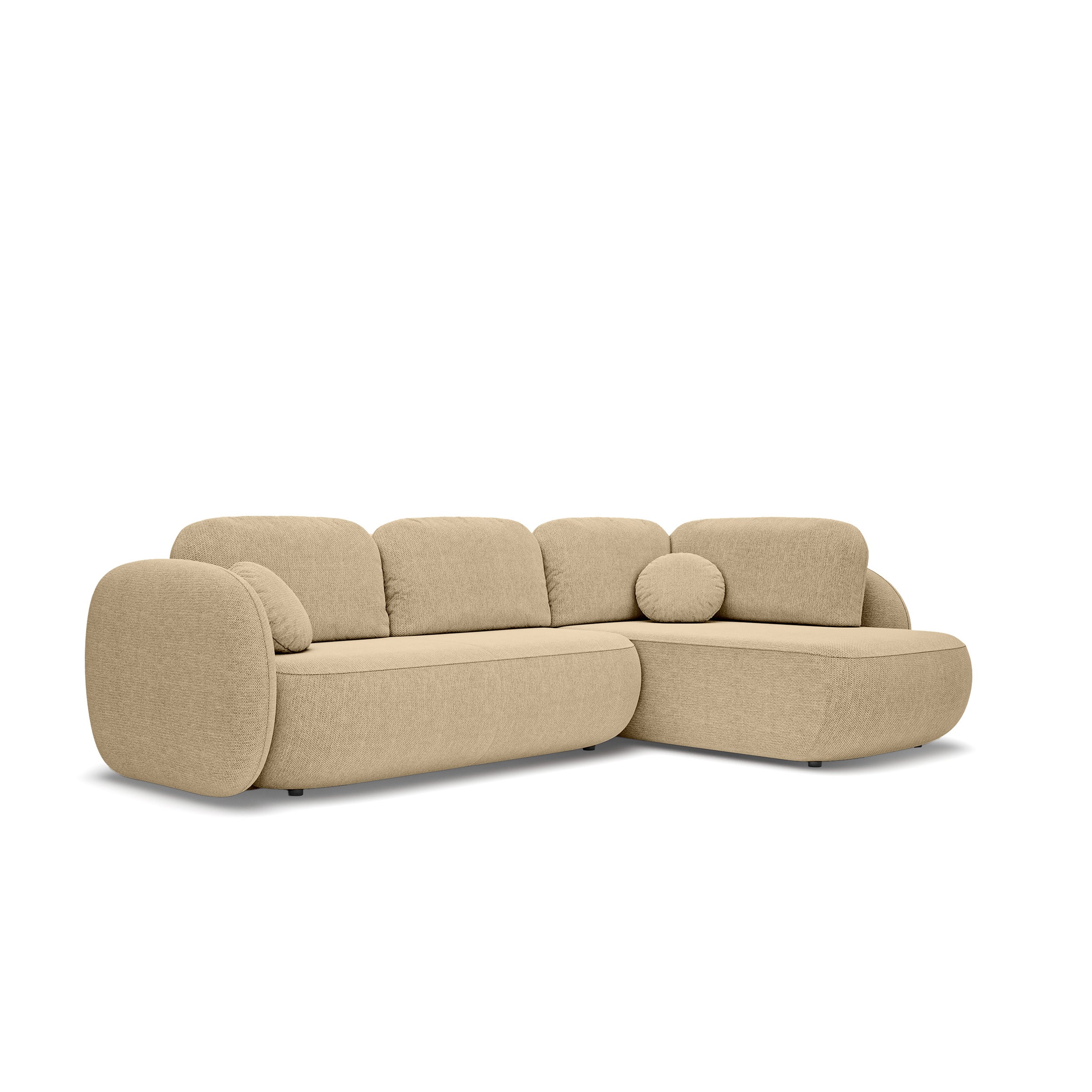 Narożnik z funkcją spania o powierzchni 123x250 w stylu organic modern - tkanina Aragon, zaokrąglona forma, dekoracyjne poduszki | OLEMO Prawostronny Orzechowy Beż (ARAGON 14)