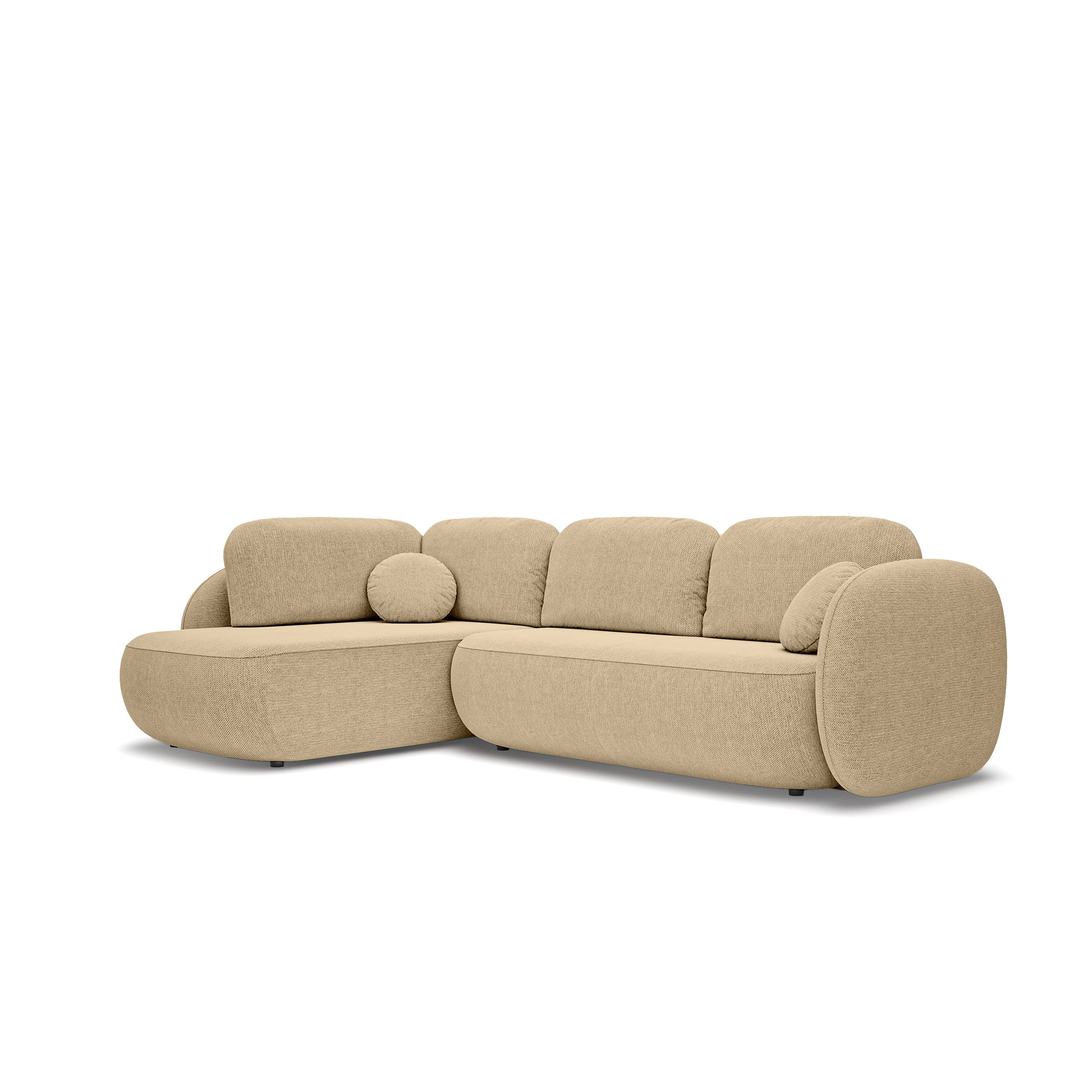 Narożnik z funkcją spania o powierzchni 123x250 w stylu organic modern - tkanina Aragon, zaokrąglona forma, dekoracyjne poduszki | OLEMO Lewostronny Orzechowy Beż (ARAGON 14)