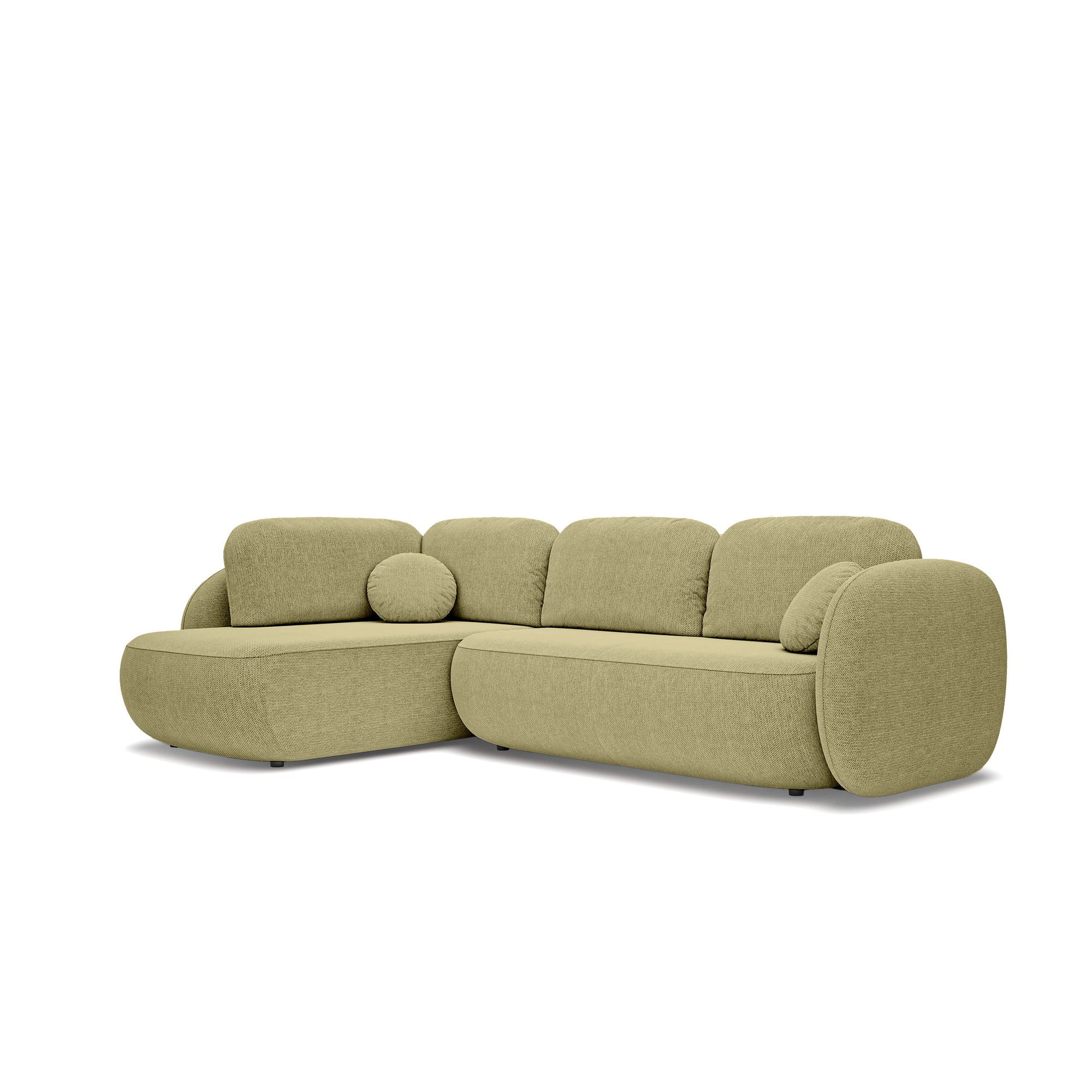 Narożnik z funkcją spania o powierzchni 123x250 w stylu organic modern - tkanina Aragon, zaokrąglona forma, dekoracyjne poduszki | OLEMO Lewostronny Złoty Len (ARAGON 35)