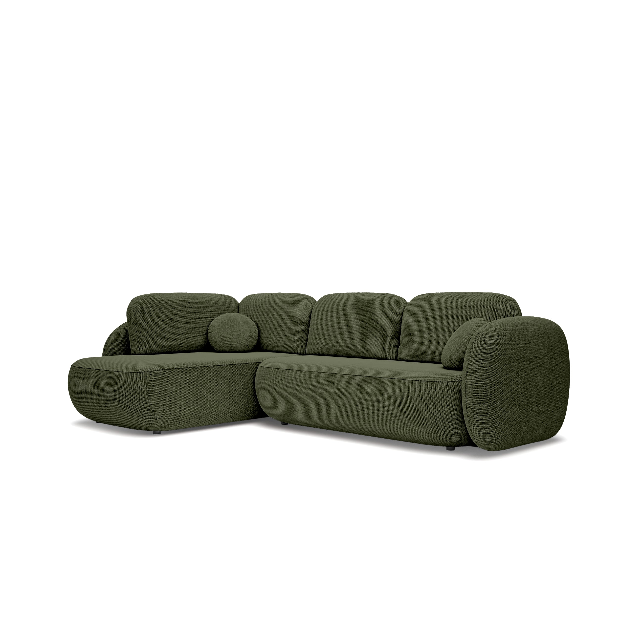 Narożnik z funkcją spania o powierzchni 123x250 w stylu organic modern - tkanina Aragon, zaokrąglona forma, dekoracyjne poduszki | OLEMO Lewostronny Cisowa Zieleń (ARAGON 39)