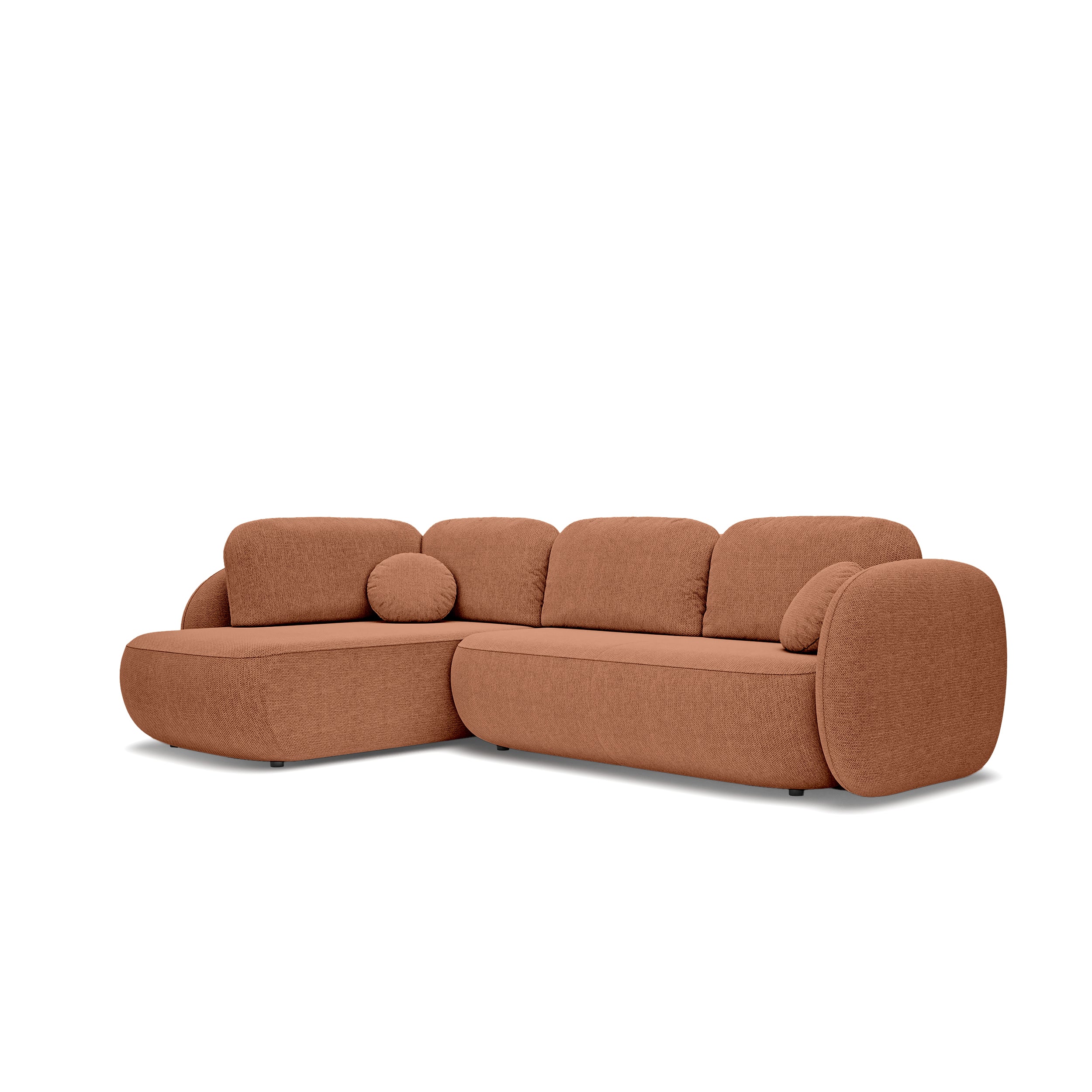 Narożnik z funkcją spania o powierzchni 123x250 w stylu organic modern - tkanina Aragon, zaokrąglona forma, dekoracyjne poduszki | OLEMO Lewostronny Cynamonowy Mat (ARAGON 56)