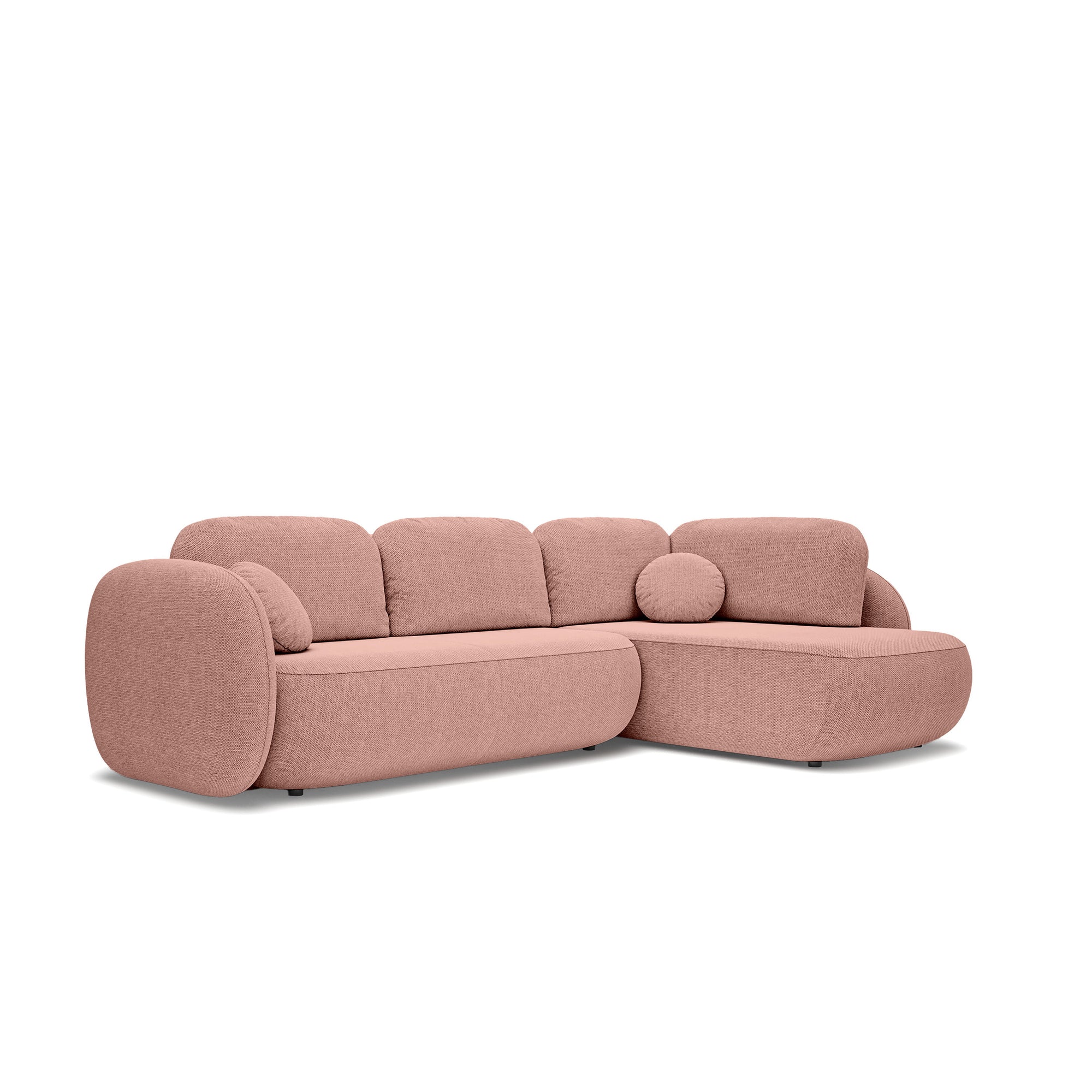 Narożnik z funkcją spania o powierzchni 123x250 w stylu organic modern - tkanina Aragon, zaokrąglona forma, dekoracyjne poduszki | OLEMO Prawostronny Różany Beż (ARAGON 62)