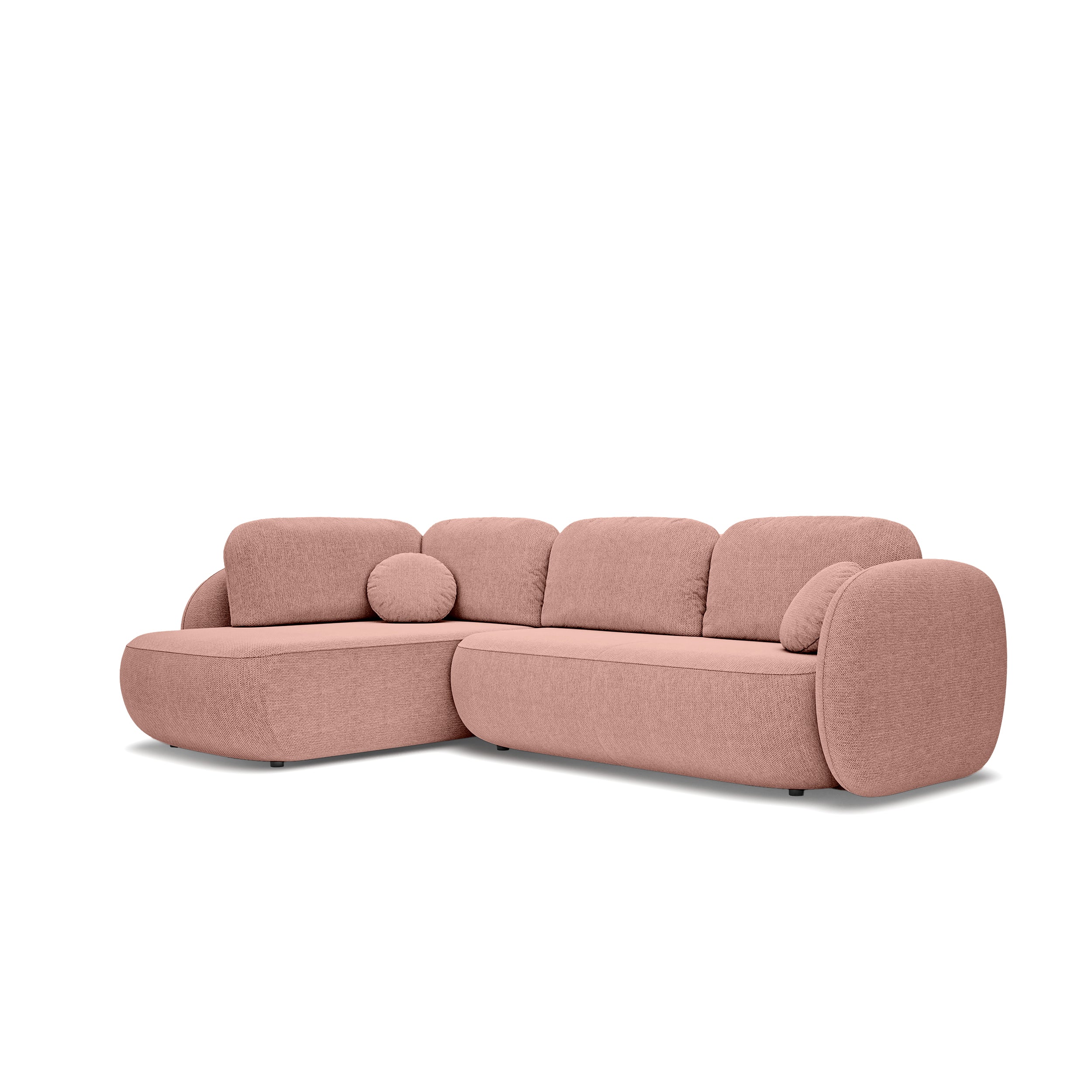 Narożnik z funkcją spania o powierzchni 123x250 w stylu organic modern - tkanina Aragon, zaokrąglona forma, dekoracyjne poduszki | OLEMO Lewostronny Różany Beż (ARAGON 62)