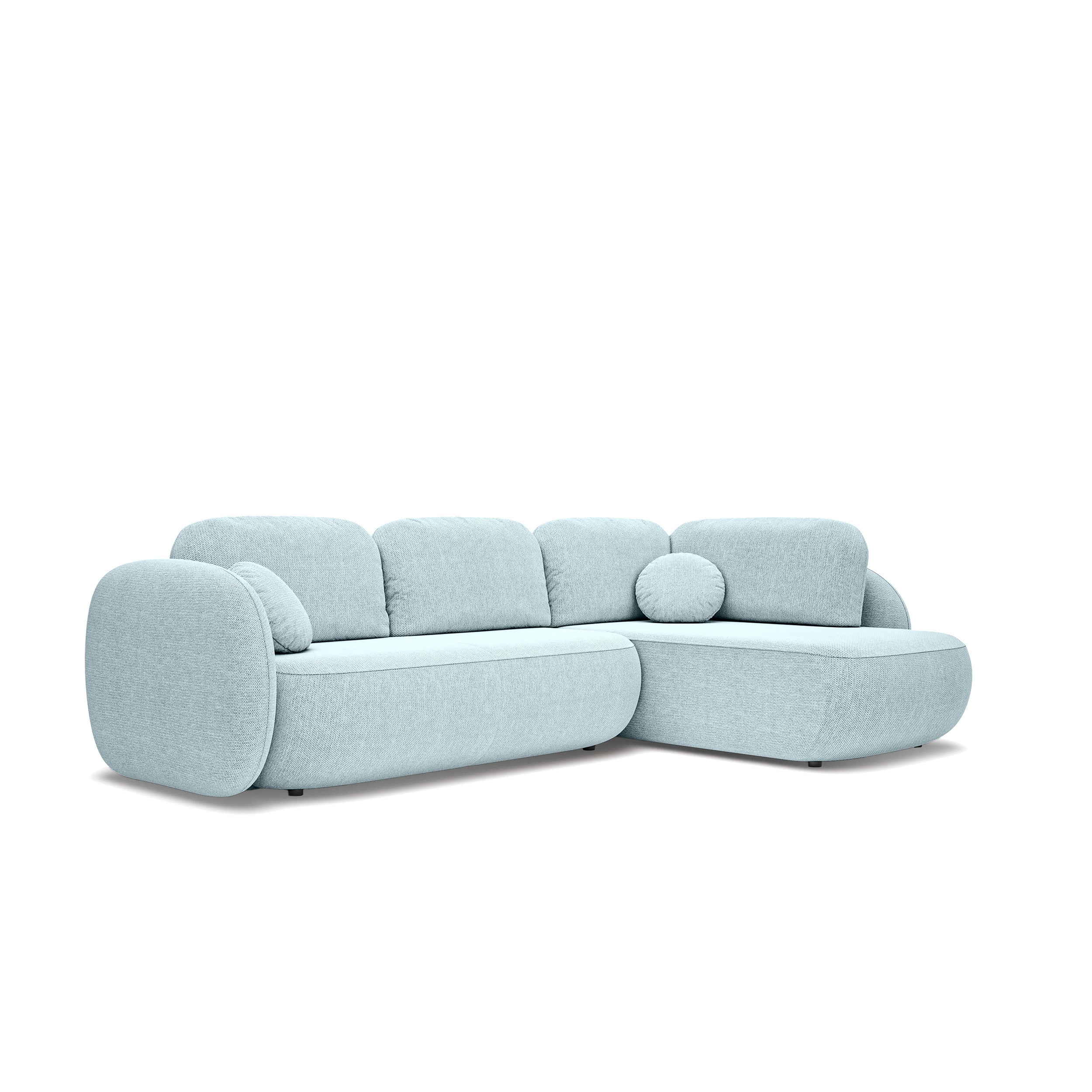 Narożnik z funkcją spania o powierzchni 123x250 w stylu organic modern - tkanina Aragon, zaokrąglona forma, dekoracyjne poduszki | OLEMO Prawostronny Lodowy Lazur (ARAGON 70)