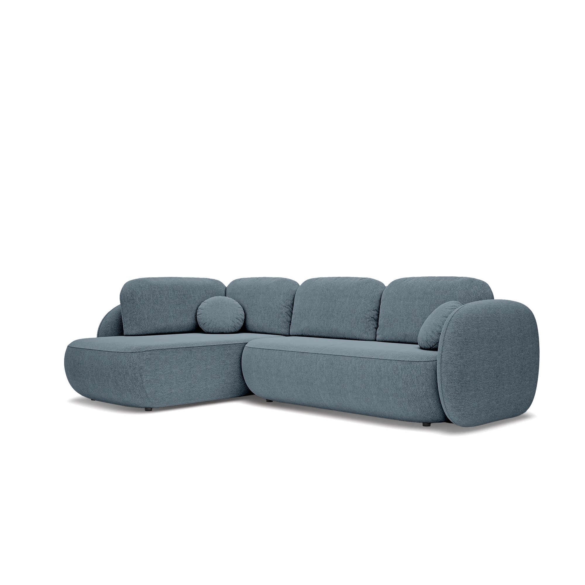 Narożnik z funkcją spania o powierzchni 123x250 w stylu organic modern - tkanina Aragon, zaokrąglona forma, dekoracyjne poduszki | OLEMO Lewostronny Granitowy Nurt (ARAGON 72)