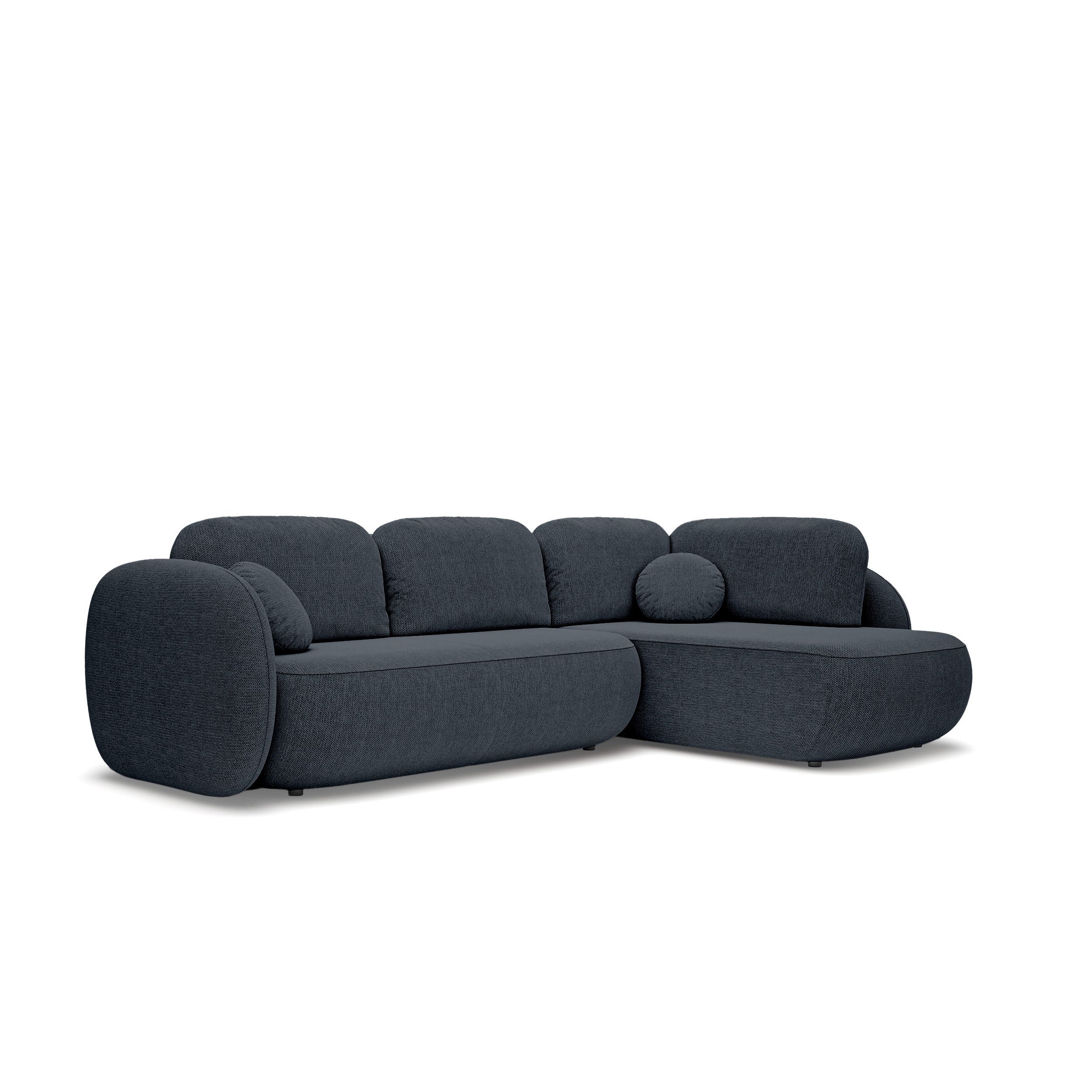 Narożnik z funkcją spania o powierzchni 123x250 w stylu organic modern - tkanina Aragon, zaokrąglona forma, dekoracyjne poduszki | OLEMO Prawostronny Nocny Lazur (ARAGON 79)