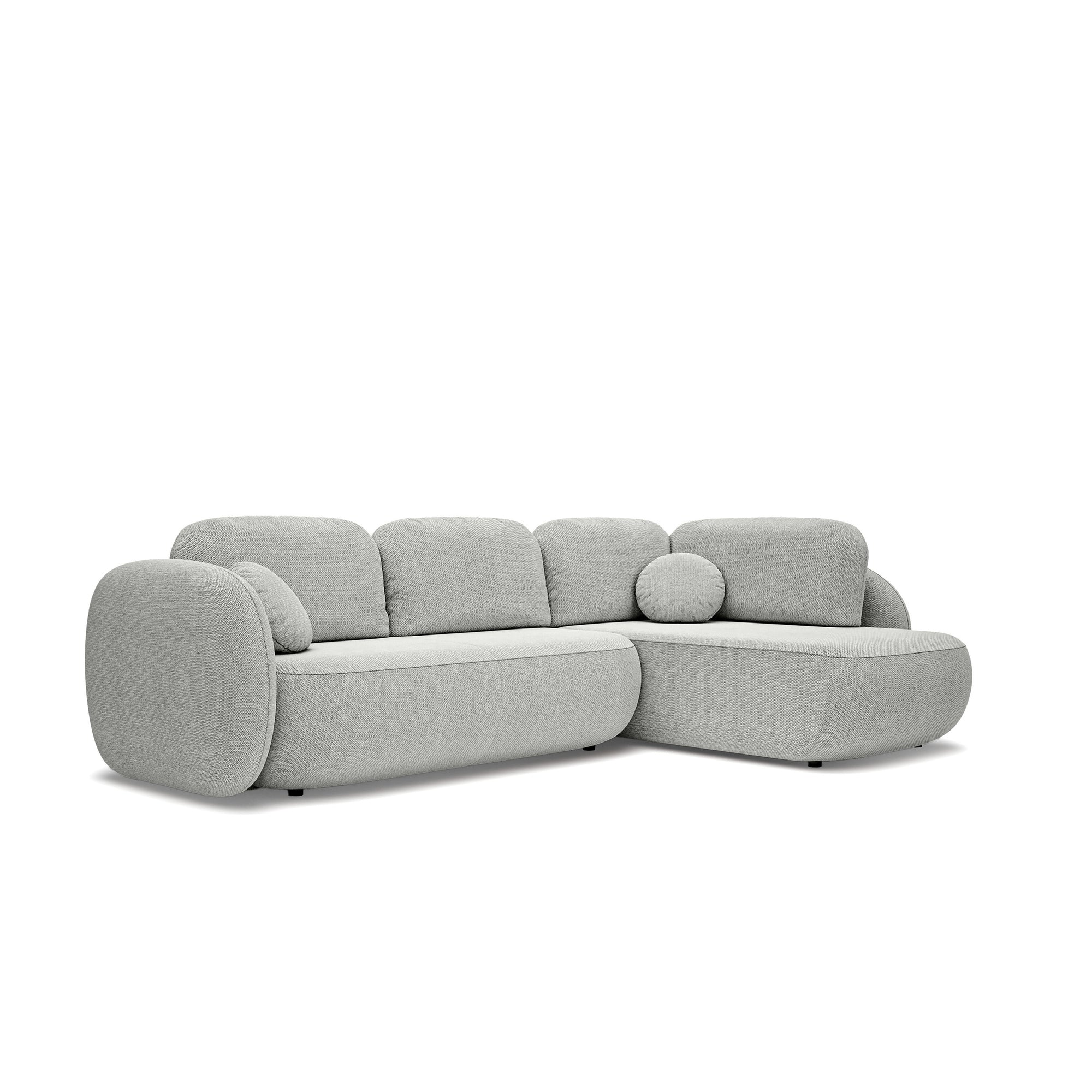 Narożnik z funkcją spania o powierzchni 123x250 w stylu organic modern - tkanina Aragon, zaokrąglona forma, dekoracyjne poduszki | OLEMO Prawostronny Chłodny Taupe (ARAGON 80)