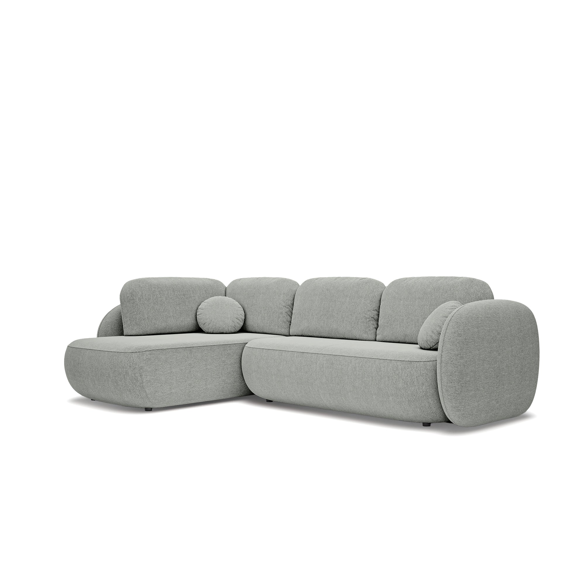 Narożnik z funkcją spania o powierzchni 123x250 w stylu organic modern - tkanina Aragon, zaokrąglona forma, dekoracyjne poduszki | OLEMO Lewostronny Stalowa Szarość (ARAGON 83)