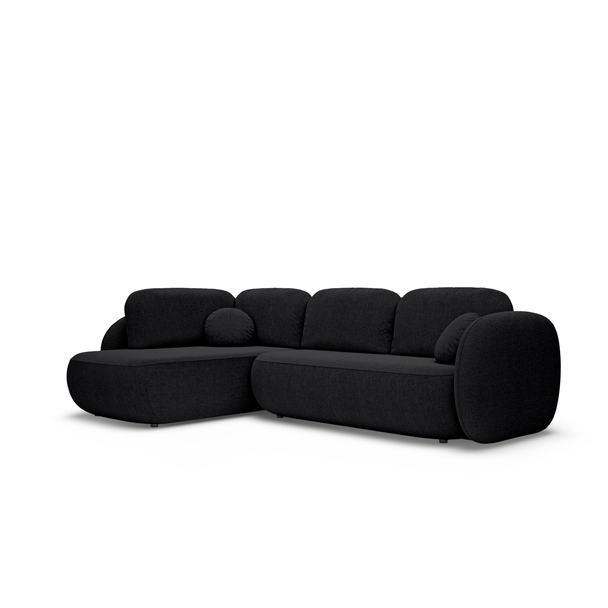 Narożnik z funkcją spania o powierzchni 123x250 w stylu organic modern - tkanina Aragon, zaokrąglona forma, dekoracyjne poduszki | OLEMO Lewostronny Krucza Głębia (ARAGON 99)