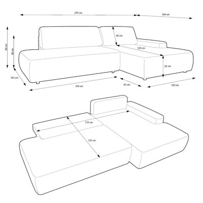 Narożnik z funkcją spania 4-osobowy 125x210 w stylu japandi | Bamby