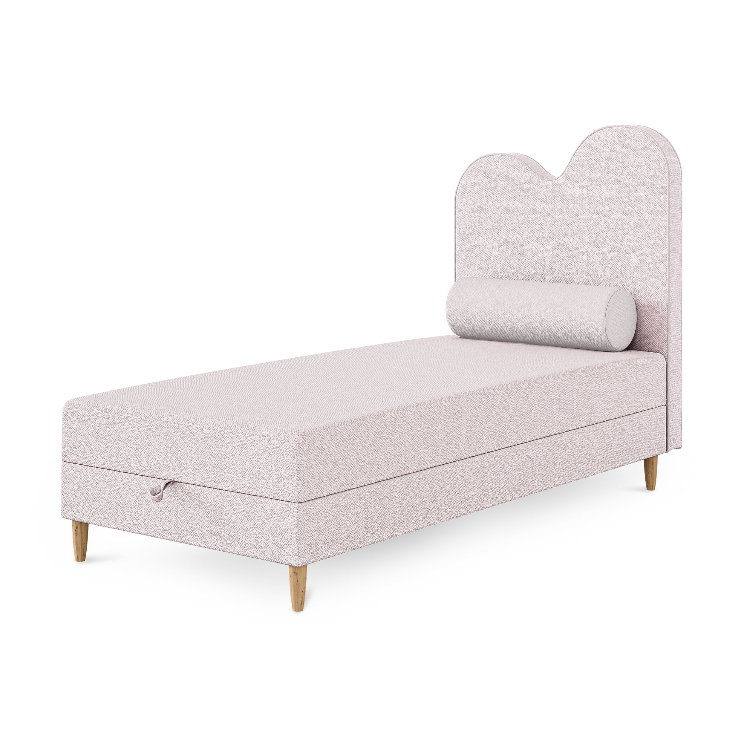 Łóżko dziecięce kontynentalne z falowanym zagłówkiem i pojemnikiem w stylu soft modern | Mellia
