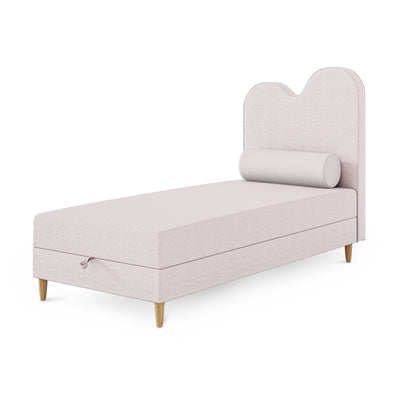Łóżko dziecięce kontynentalne z falowanym zagłówkiem i pojemnikiem w stylu soft modern | Mellia
