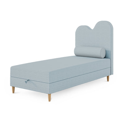 Łóżko dziecięce kontynentalne z falowanym zagłówkiem i pojemnikiem w stylu soft modern | Mellia