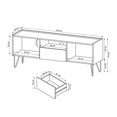 Szafka RTV 144x55 w stylu glamour – grafitowa, blat marmur Black Royal, system push-to-open| Ballada
