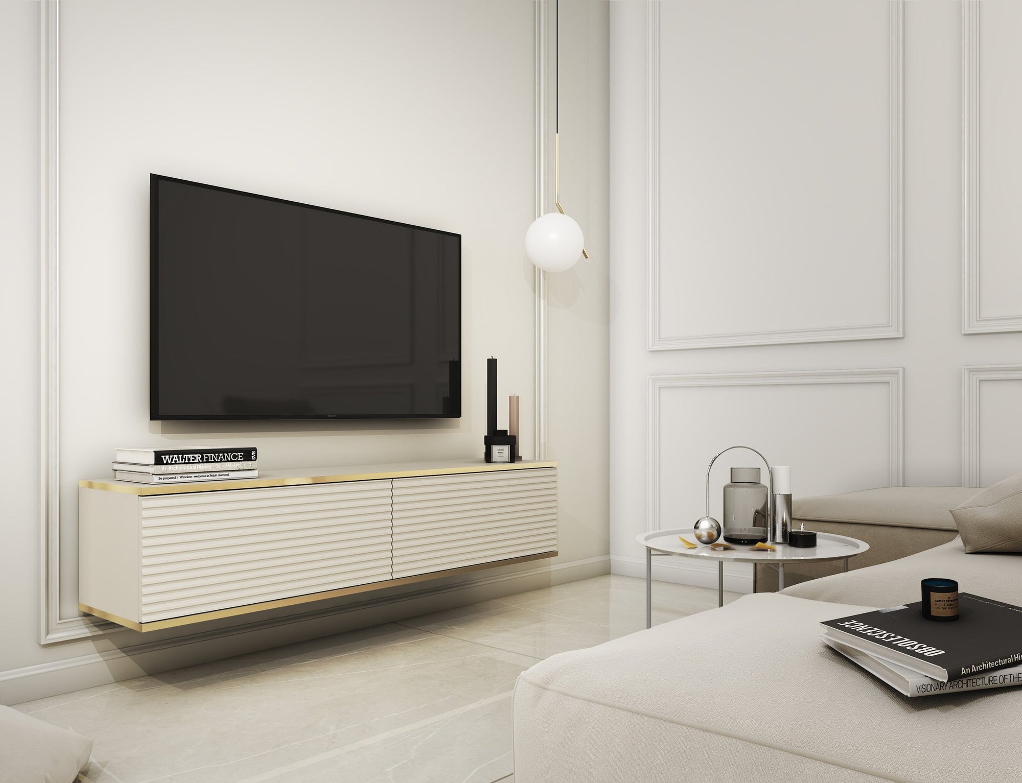 Szafka RTV 135x30 w stylu nowoczesnym - ryflowany front MDF, złote akcenty | Meva