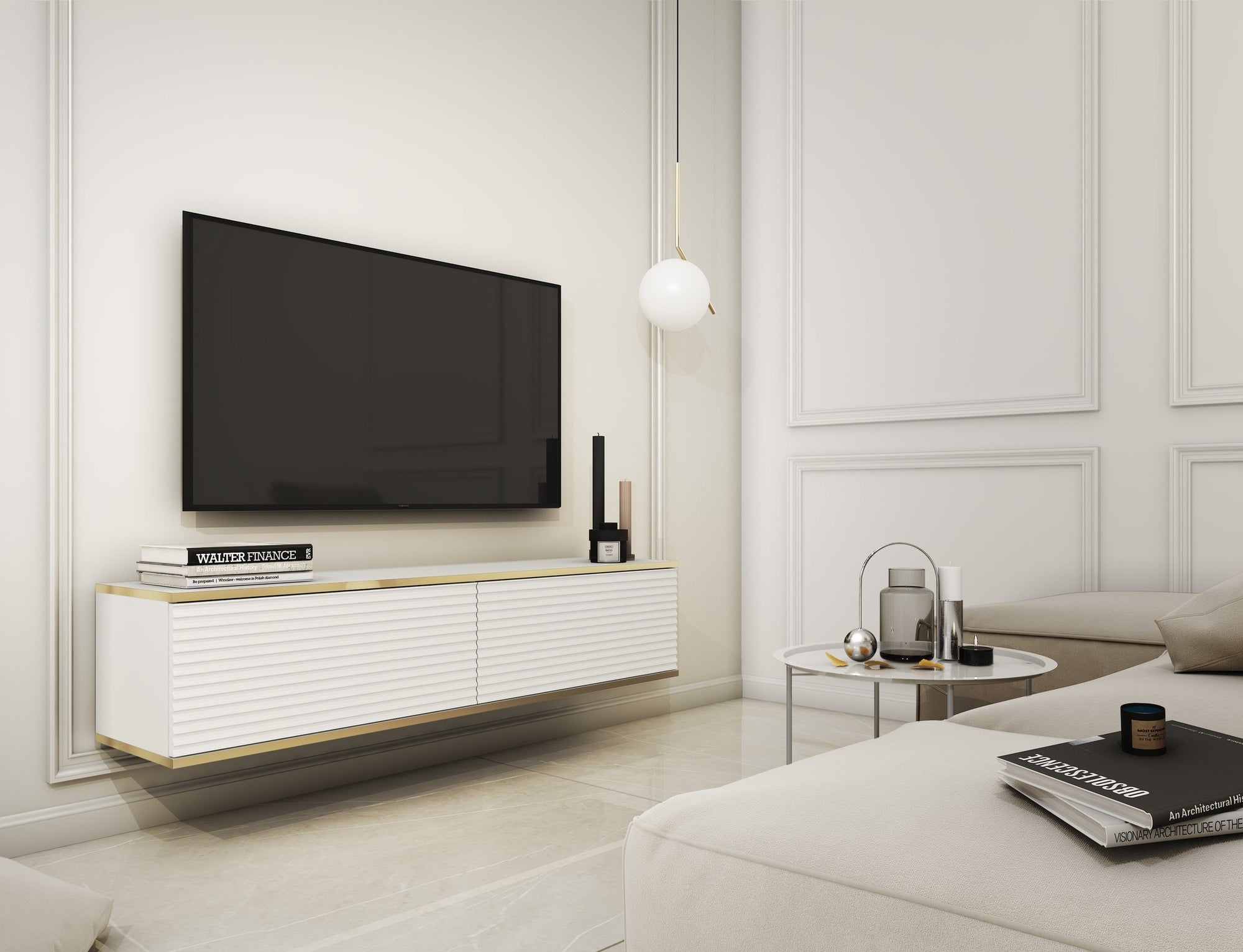 Szafka RTV 135x30 w stylu nowoczesnym - ryflowany front MDF, złote akcenty | Meva