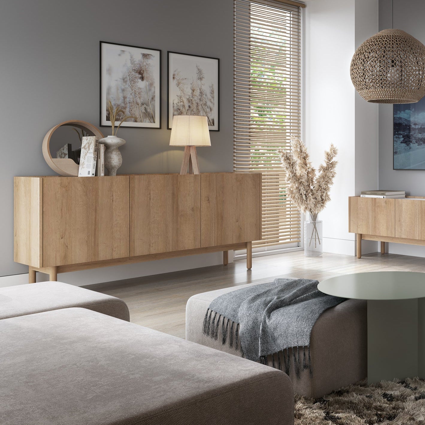 Komoda 144x68 w stylu boho - dąb riviera złoty, blat marmur bianco, drewniane nogi | Anawa