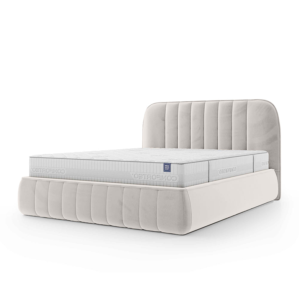 Łóżko tapicerowane z pojemnikiem w stylu soft minimalism – zaokrąglone krawędzie, pionowe przeszycia | Carla 200 Kremowa Mgiełka (FRESH 01)