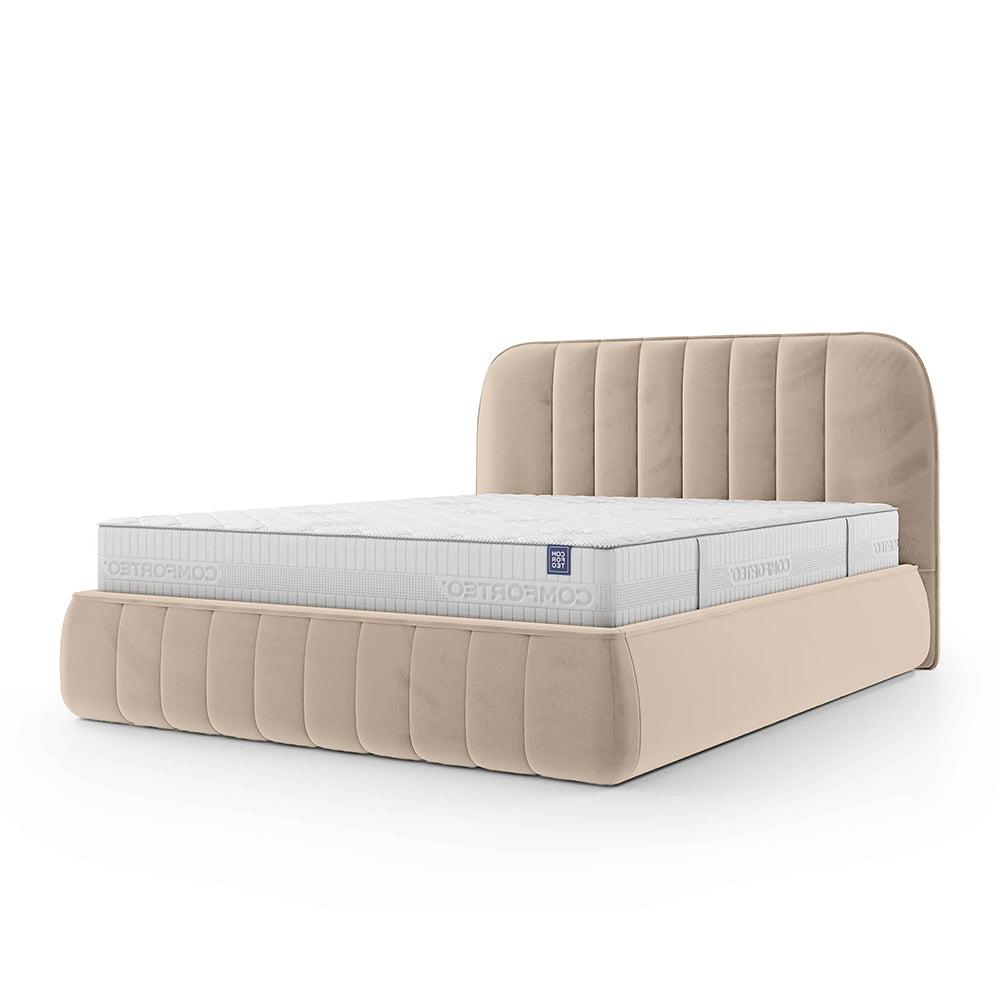 Łóżko tapicerowane z pojemnikiem w stylu soft minimalism – zaokrąglone krawędzie, pionowe przeszycia | Carla 200 Jasny Migdał (FRESH 03)