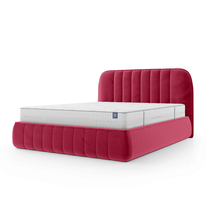 Łóżko tapicerowane z pojemnikiem w stylu soft minimalism – zaokrąglone krawędzie, pionowe przeszycia | Carla 200 Malina Rubinowa (FRESH 08)