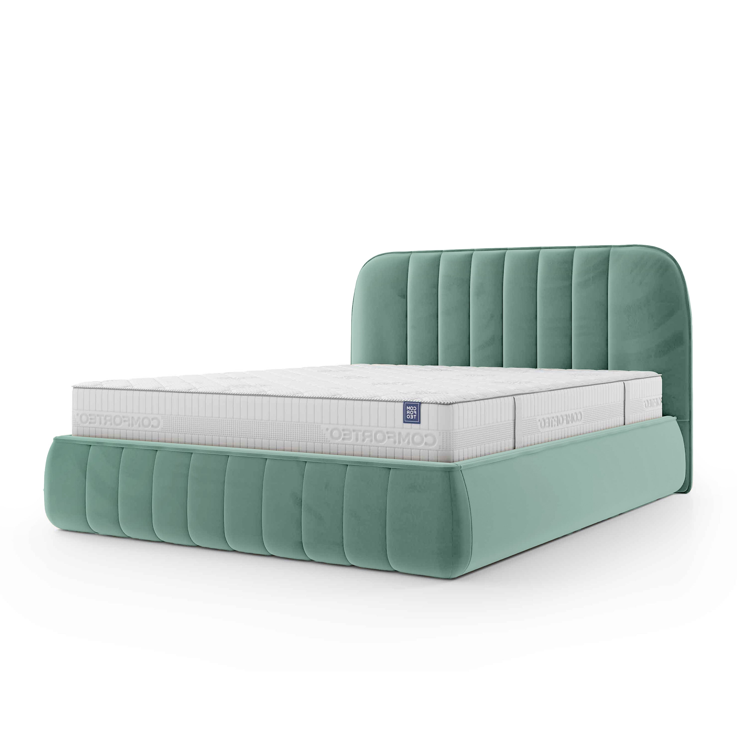 Łóżko tapicerowane z pojemnikiem w stylu soft minimalism – zaokrąglone krawędzie, pionowe przeszycia | Carla 200 Szmaragdowa Głębia (FRESH 10)