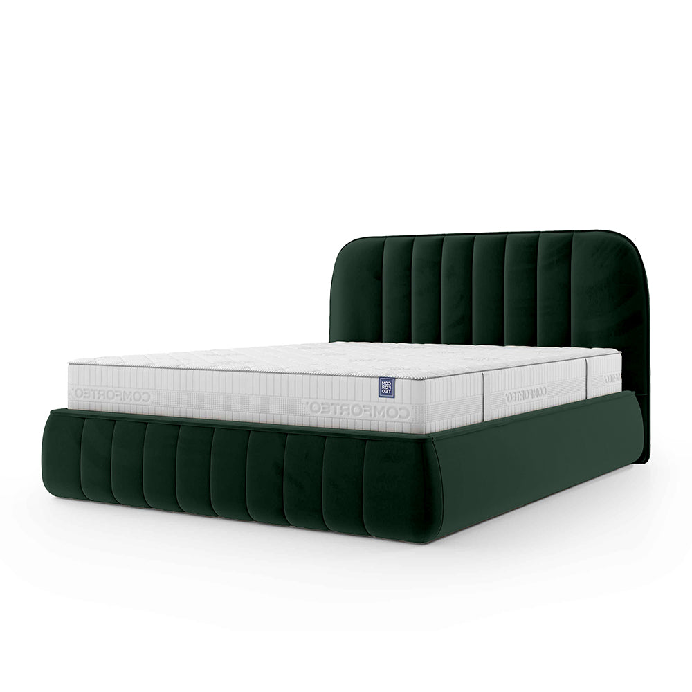 Łóżko tapicerowane z pojemnikiem w stylu soft minimalism – zaokrąglone krawędzie, pionowe przeszycia | Carla 200 Dzika Paproć (FRESH 13)