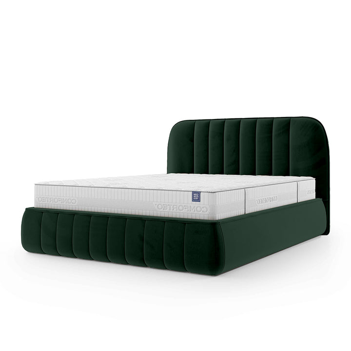 Łóżko tapicerowane z pojemnikiem w stylu soft minimalism – zaokrąglone krawędzie, pionowe przeszycia | Carla 200 Dzika Paproć (FRESH 13)