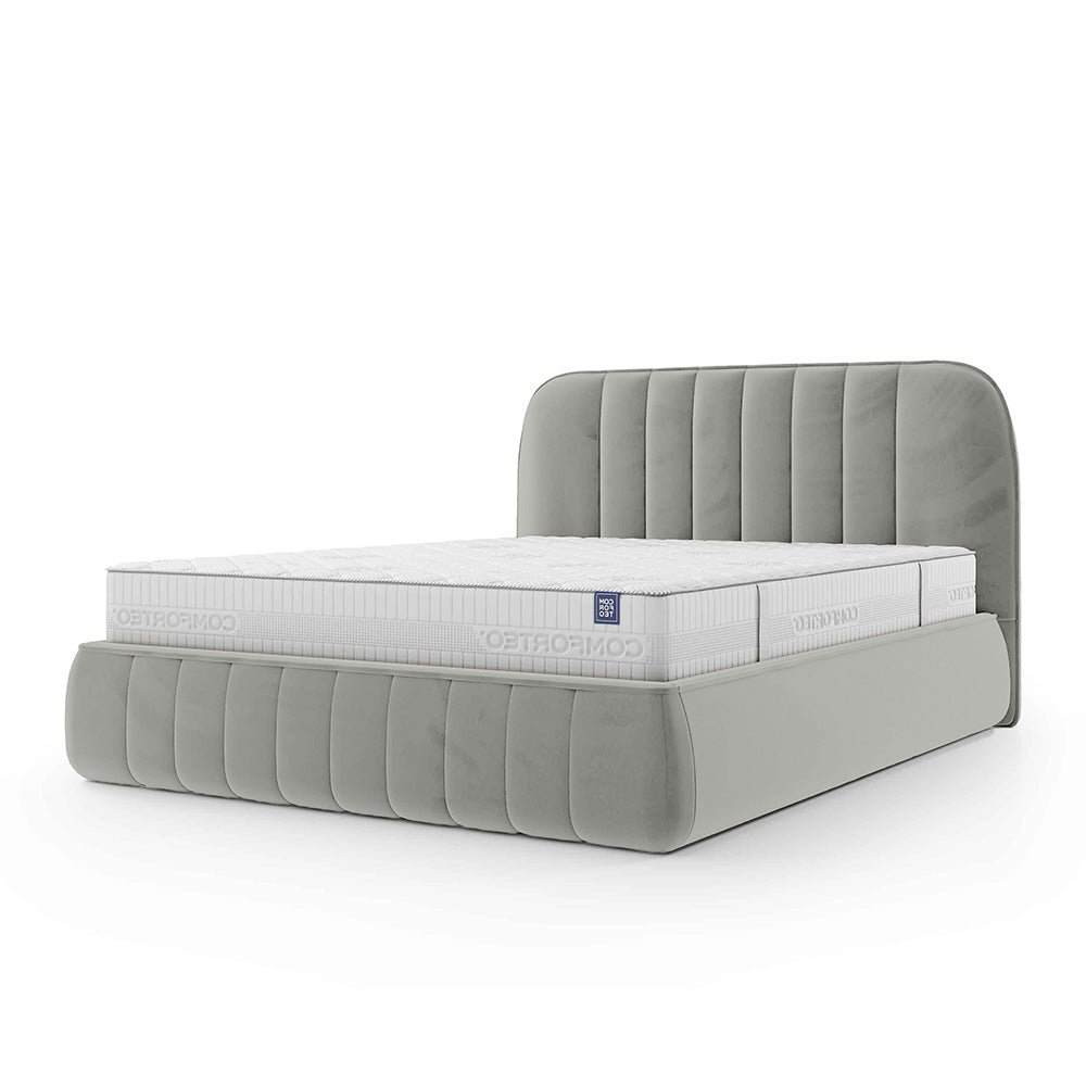 Łóżko tapicerowane z pojemnikiem w stylu soft minimalism – zaokrąglone krawędzie, pionowe przeszycia | Carla 200 Liść Eukaliptusa (FRESH 14)