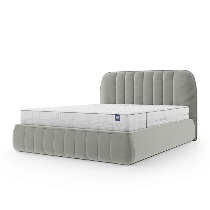 Łóżko tapicerowane z pojemnikiem w stylu soft minimalism – zaokrąglone krawędzie, pionowe przeszycia | Carla 200 Liść Eukaliptusa (FRESH 14)