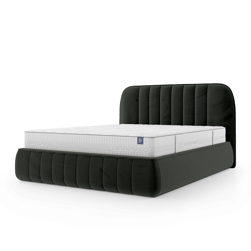 Łóżko tapicerowane z pojemnikiem w stylu soft minimalism – zaokrąglone krawędzie, pionowe przeszycia | Carla 200 Ziołowy Cień (FRESH 16)