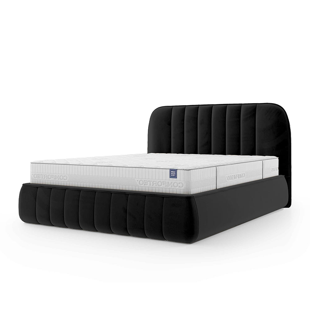 Łóżko tapicerowane z pojemnikiem w stylu soft minimalism – zaokrąglone krawędzie, pionowe przeszycia | Carla 200 Czarny Grafit (FRESH 17)