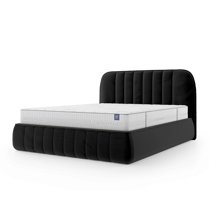 Łóżko tapicerowane z pojemnikiem w stylu soft minimalism – zaokrąglone krawędzie, pionowe przeszycia | Carla 200 Czarny Grafit (FRESH 17)