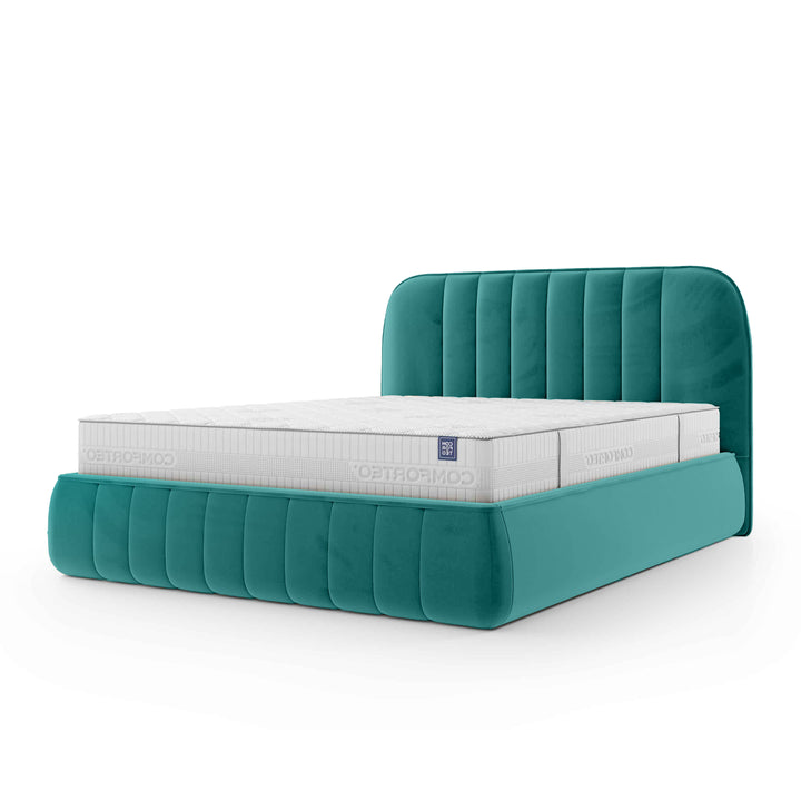 Łóżko tapicerowane z pojemnikiem w stylu soft minimalism – zaokrąglone krawędzie, pionowe przeszycia | Carla 200 Morski Mat (FRESH 30)