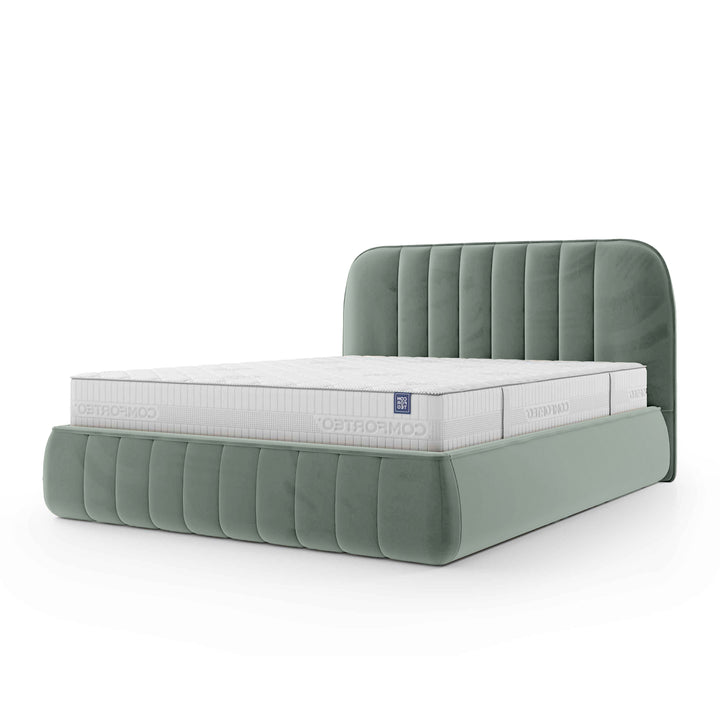 Łóżko tapicerowane z pojemnikiem w stylu soft minimalism – zaokrąglone krawędzie, pionowe przeszycia | Carla 200 Betonowy Mrok (FRESH 32)