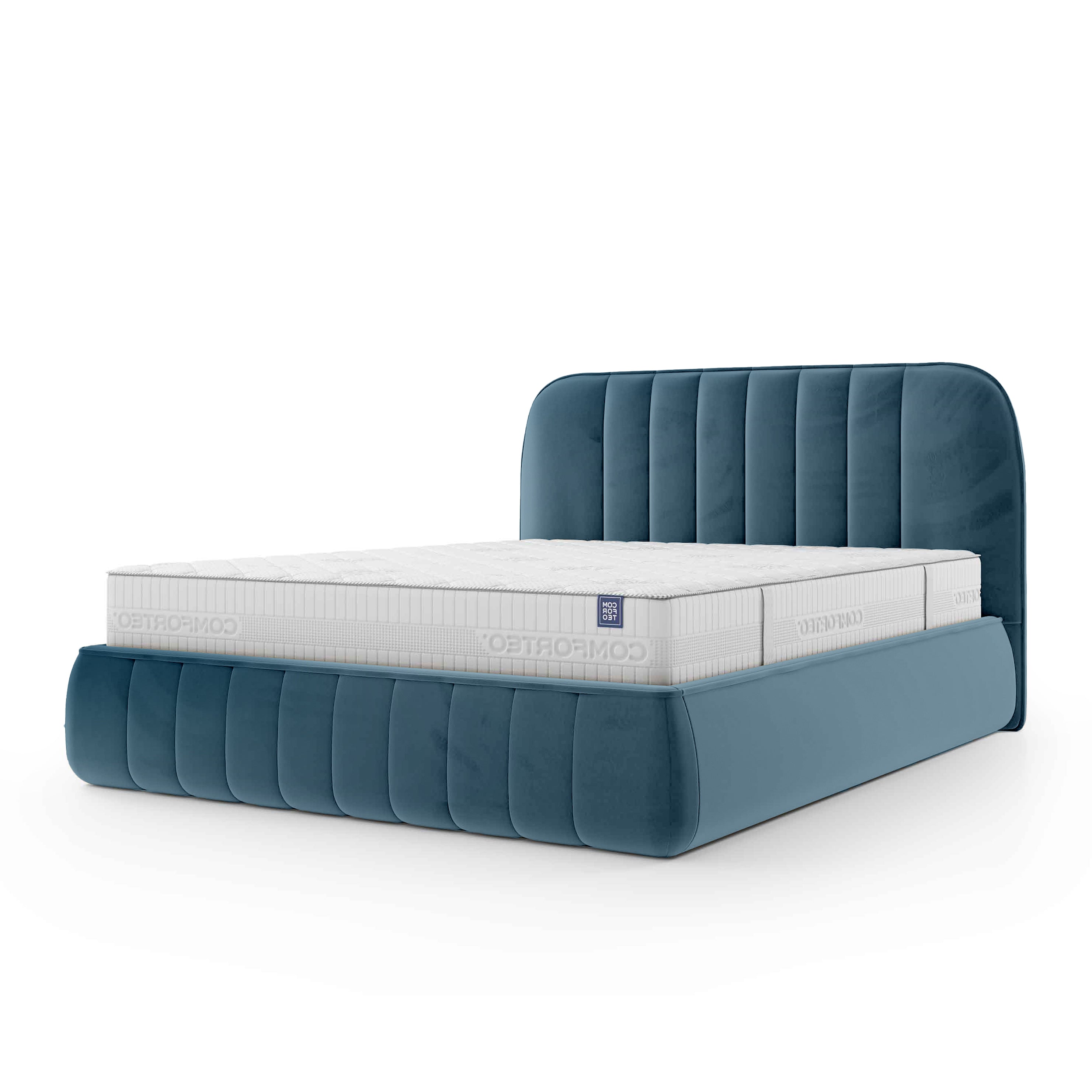 Łóżko tapicerowane z pojemnikiem w stylu soft minimalism – zaokrąglone krawędzie, pionowe przeszycia | Carla 200 Nordycki Ocean (FRESH 34)