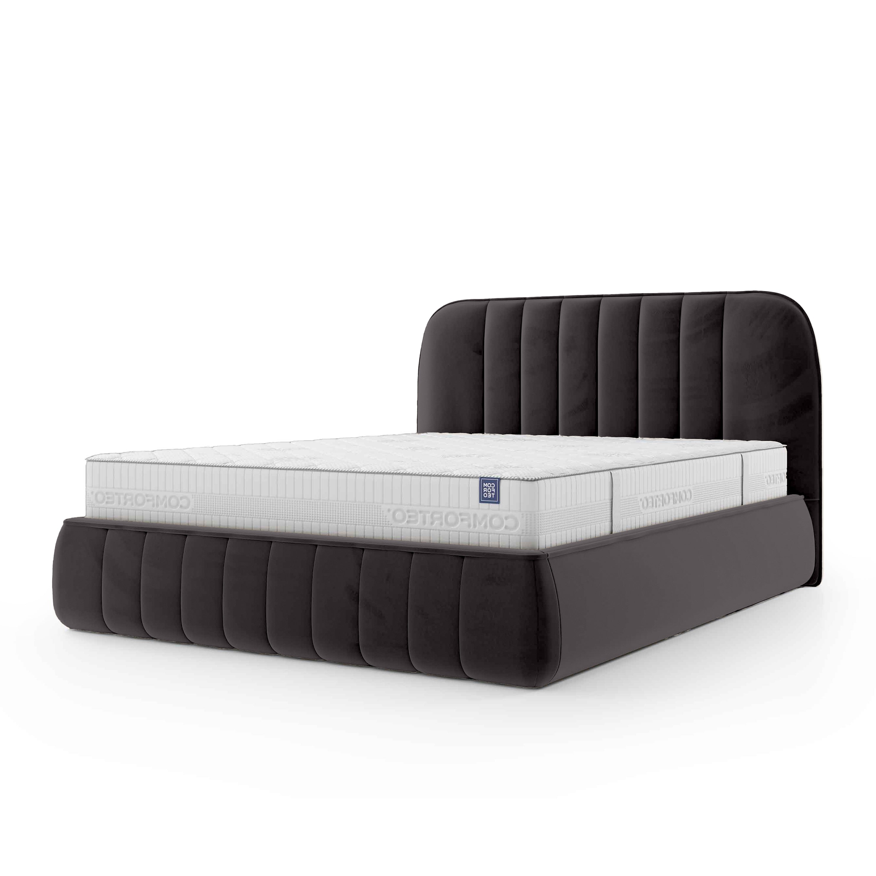 Łóżko tapicerowane z pojemnikiem w stylu soft minimalism – zaokrąglone krawędzie, pionowe przeszycia | Carla 200 Szarość Mgły (FRESH 38)