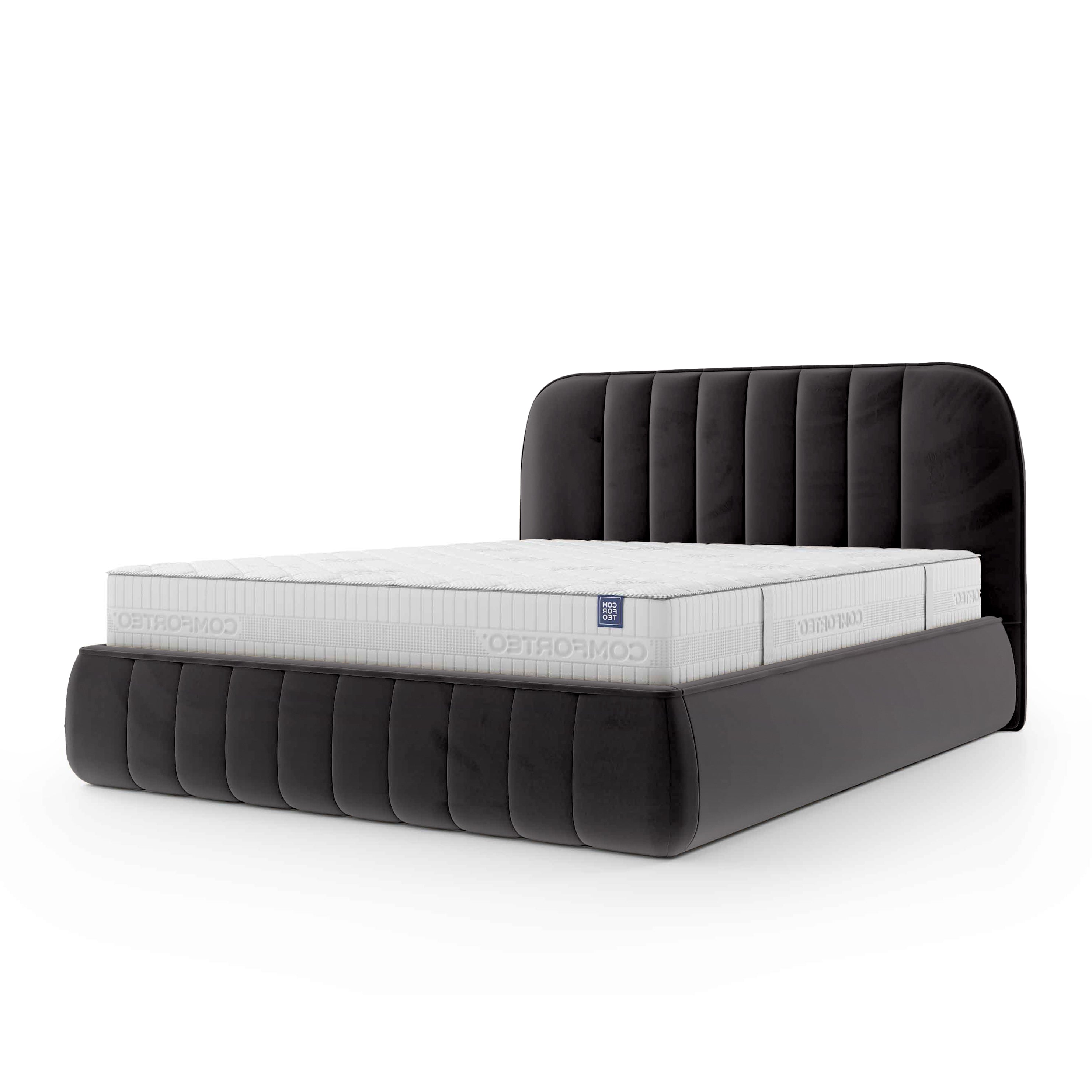 Łóżko tapicerowane z pojemnikiem w stylu soft minimalism – zaokrąglone krawędzie, pionowe przeszycia | Carla