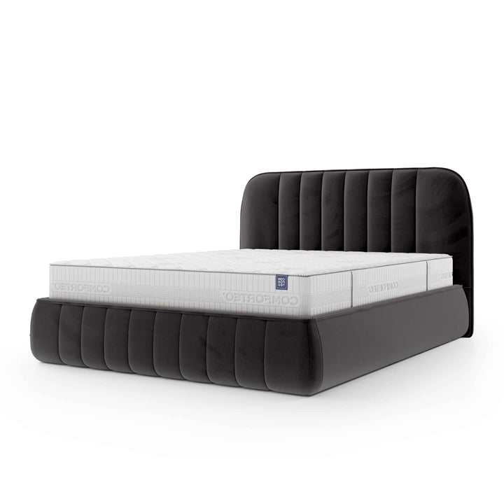 Łóżko tapicerowane z pojemnikiem w stylu soft minimalism – zaokrąglone krawędzie, pionowe przeszycia | Carla