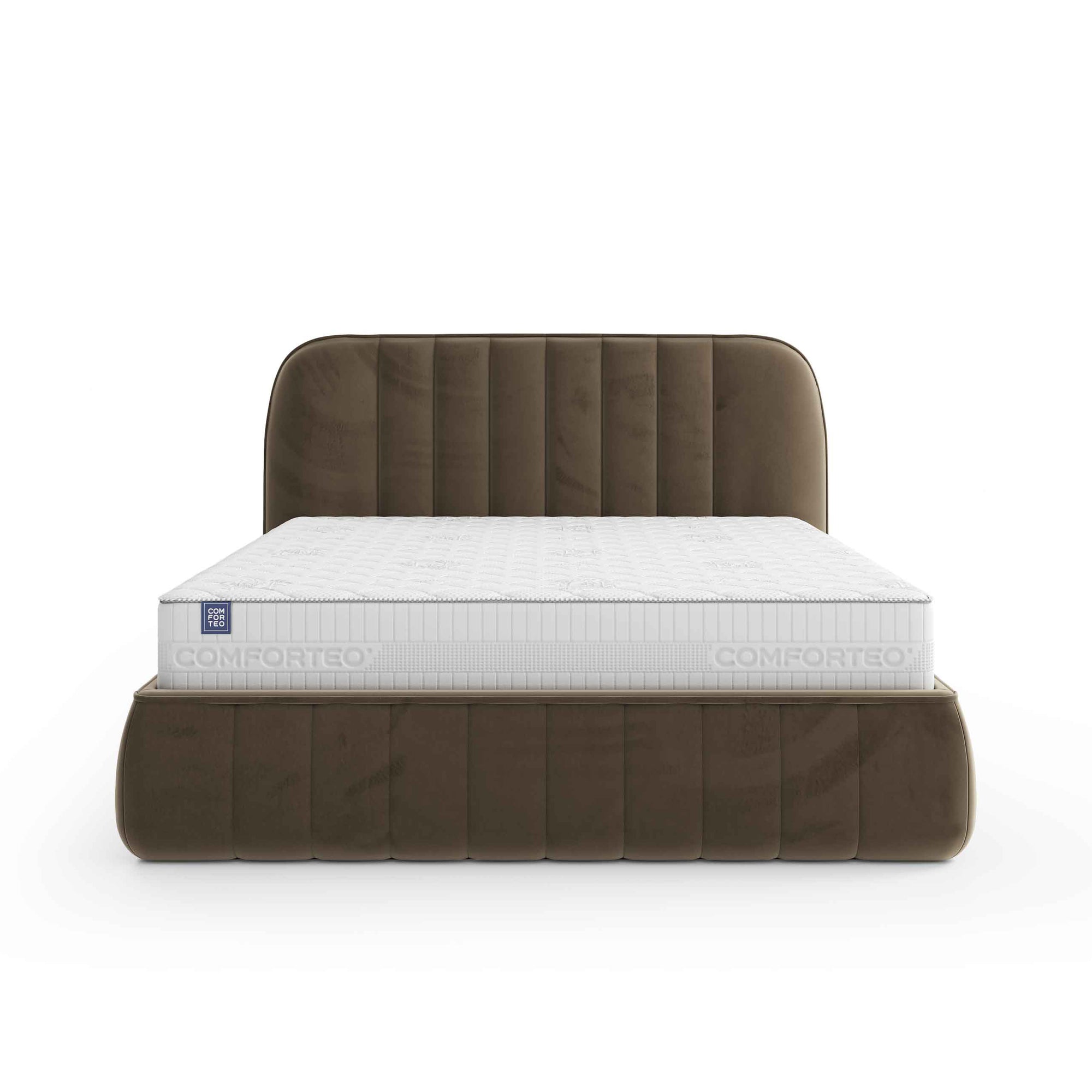Łóżko tapicerowane z pojemnikiem w stylu soft minimalism – zaokrąglone krawędzie, pionowe przeszycia | Carla
