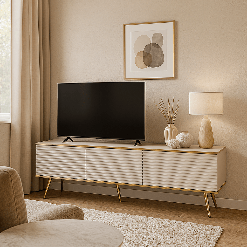 Szafka RTV 175x30 ze złotymi akcentami - ryflowany front MDF, system push-to-open | Meva