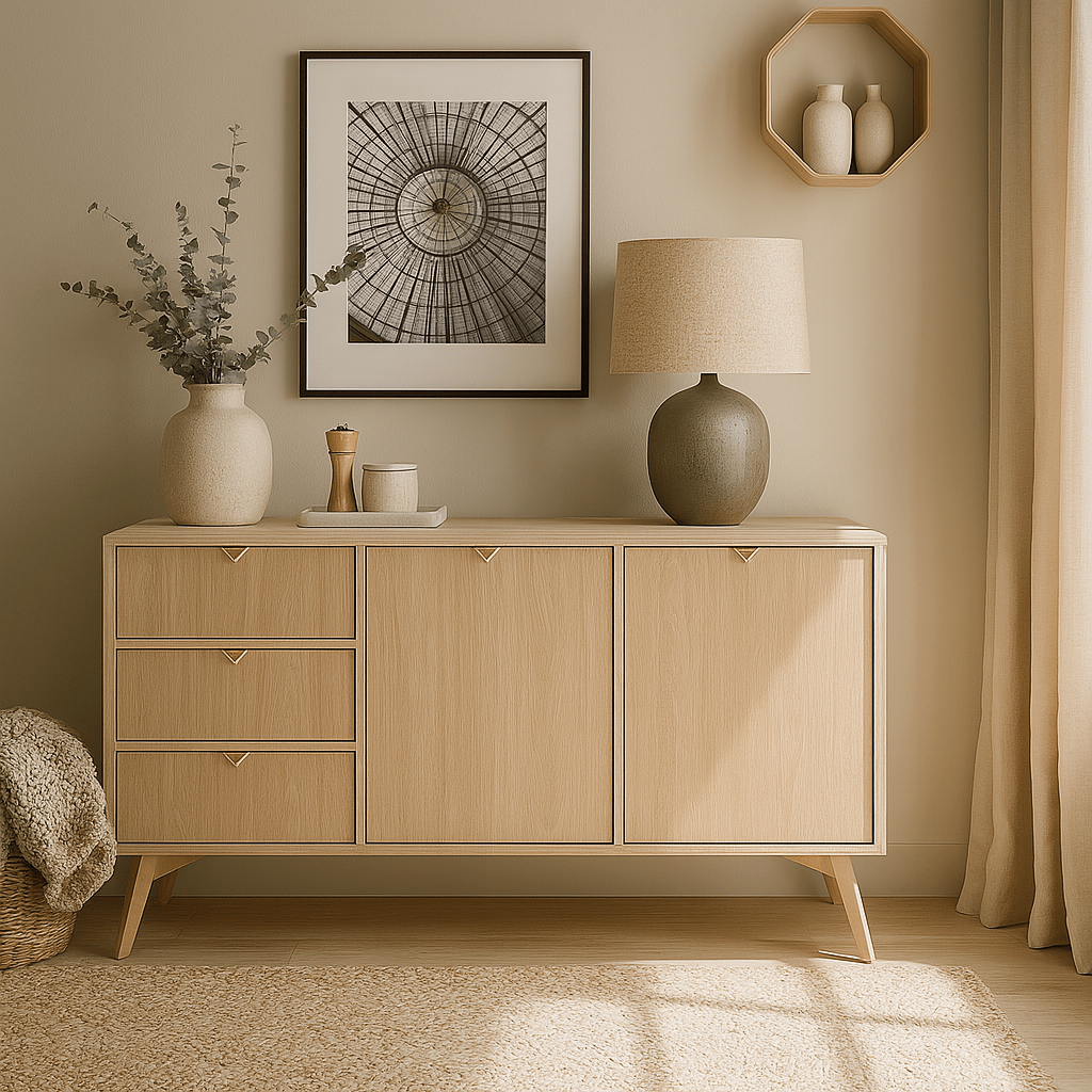 Komoda 158x80 z szufladami i szafkami w stylu japandi - fronty jodełka, 3 szuflady, drewniane nogi | Mandala