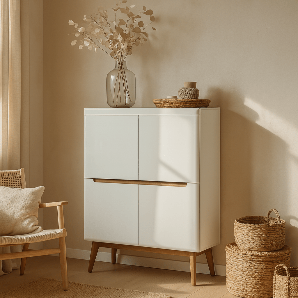 Komoda 107x134 w stylu skandynawskim - biały połysk, frezowane uchwyty, drewniane nogi | Trava