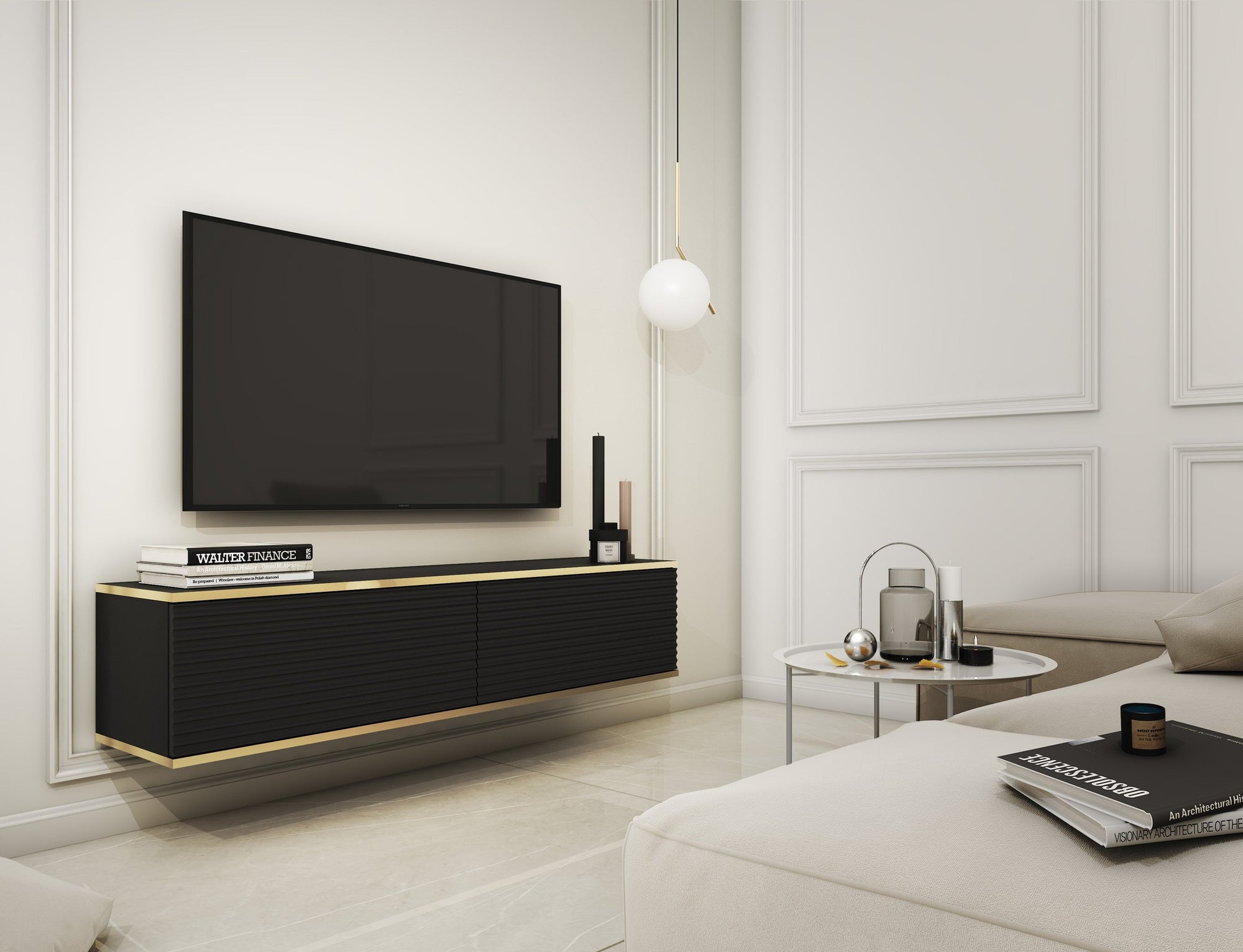Szafka RTV 135x30 w stylu nowoczesnym - ryflowany front MDF, złote akcenty | Meva