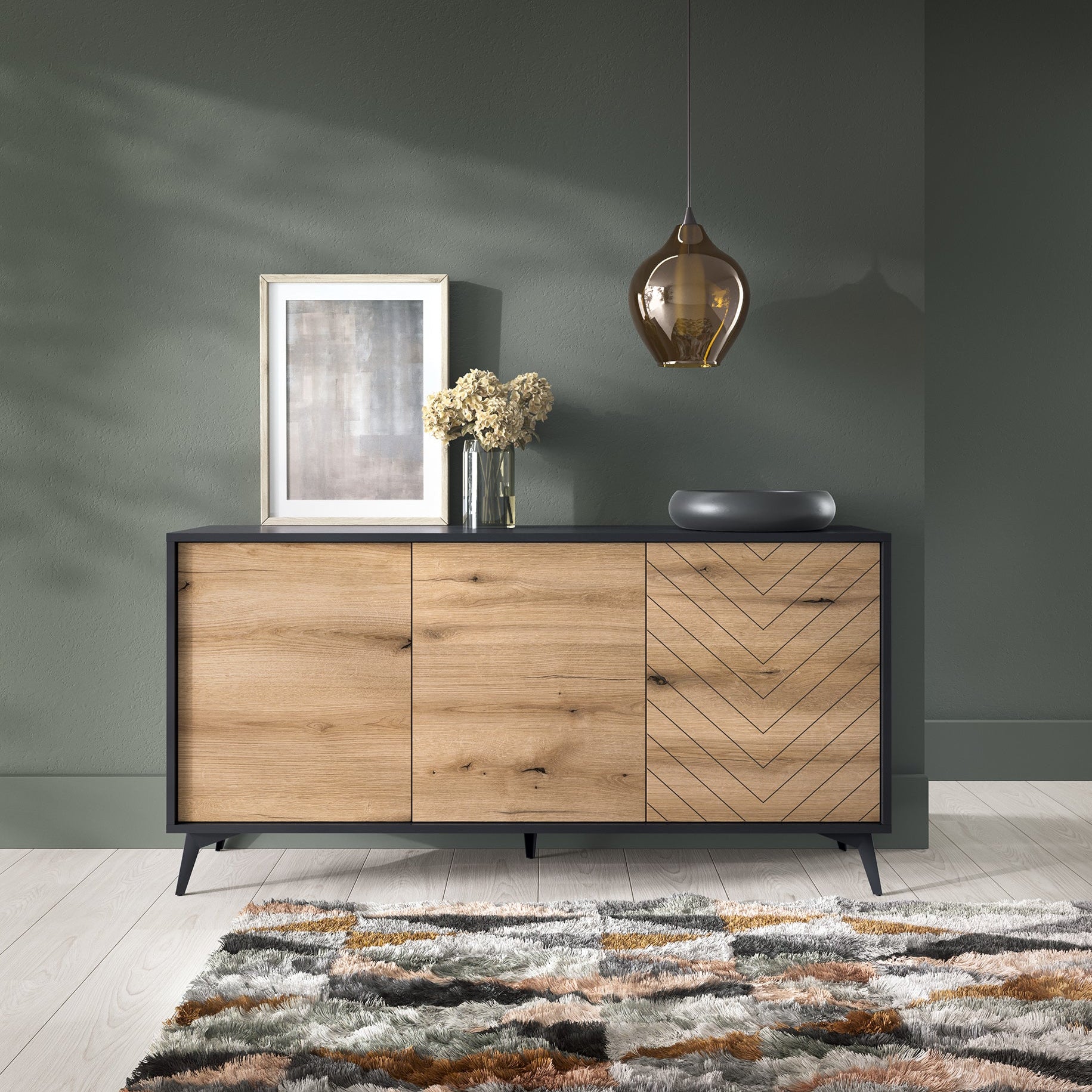 Komoda 154x77 w stylu loftowym - frezowany front w jodełkę, szuflady i szafki, drewniane nogi | Nirwana