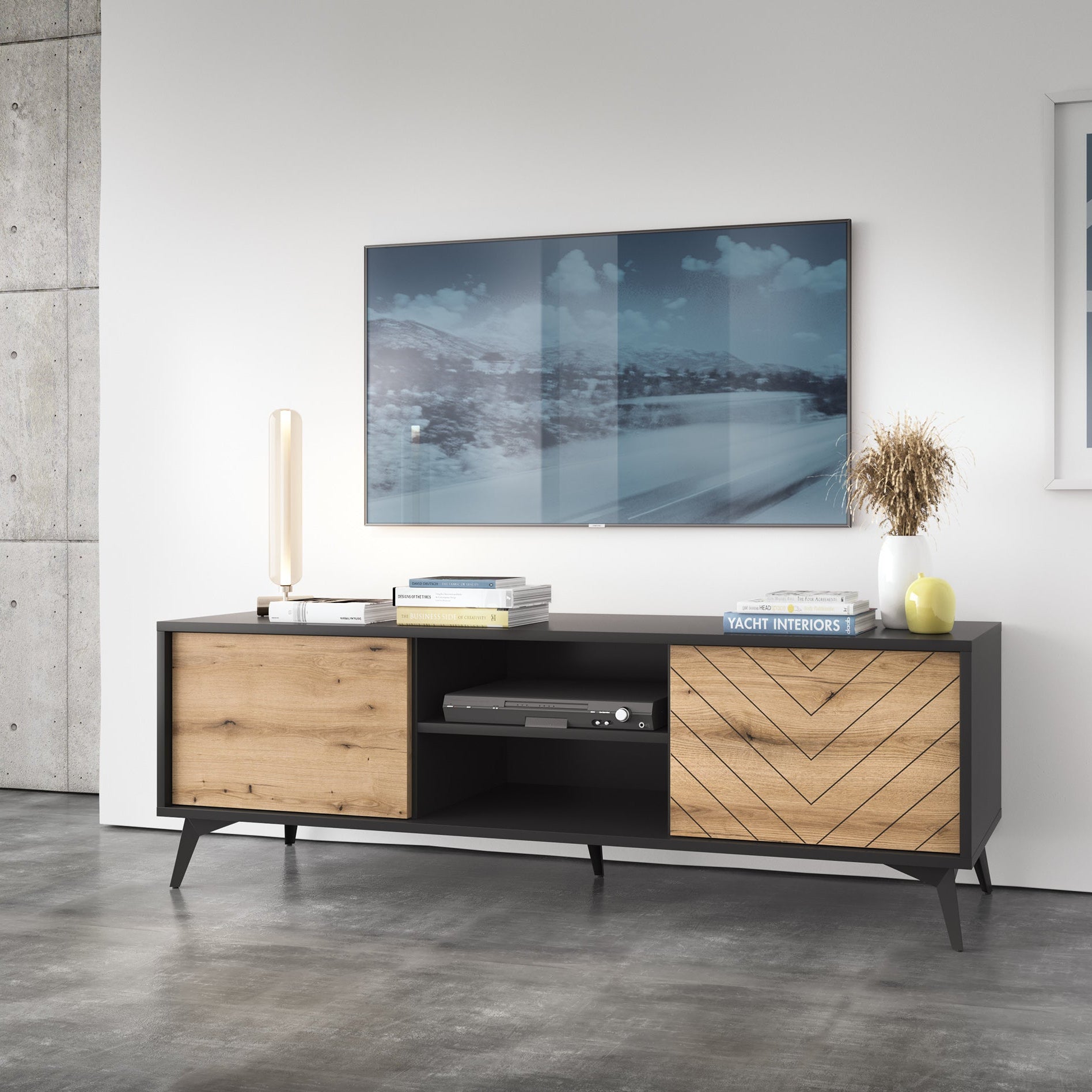 Szafka RTV 154x50 w stylu nowoczesnym - dąb Evoke, frezowany front w jodełkę, metalowe nóżki | Nirwana